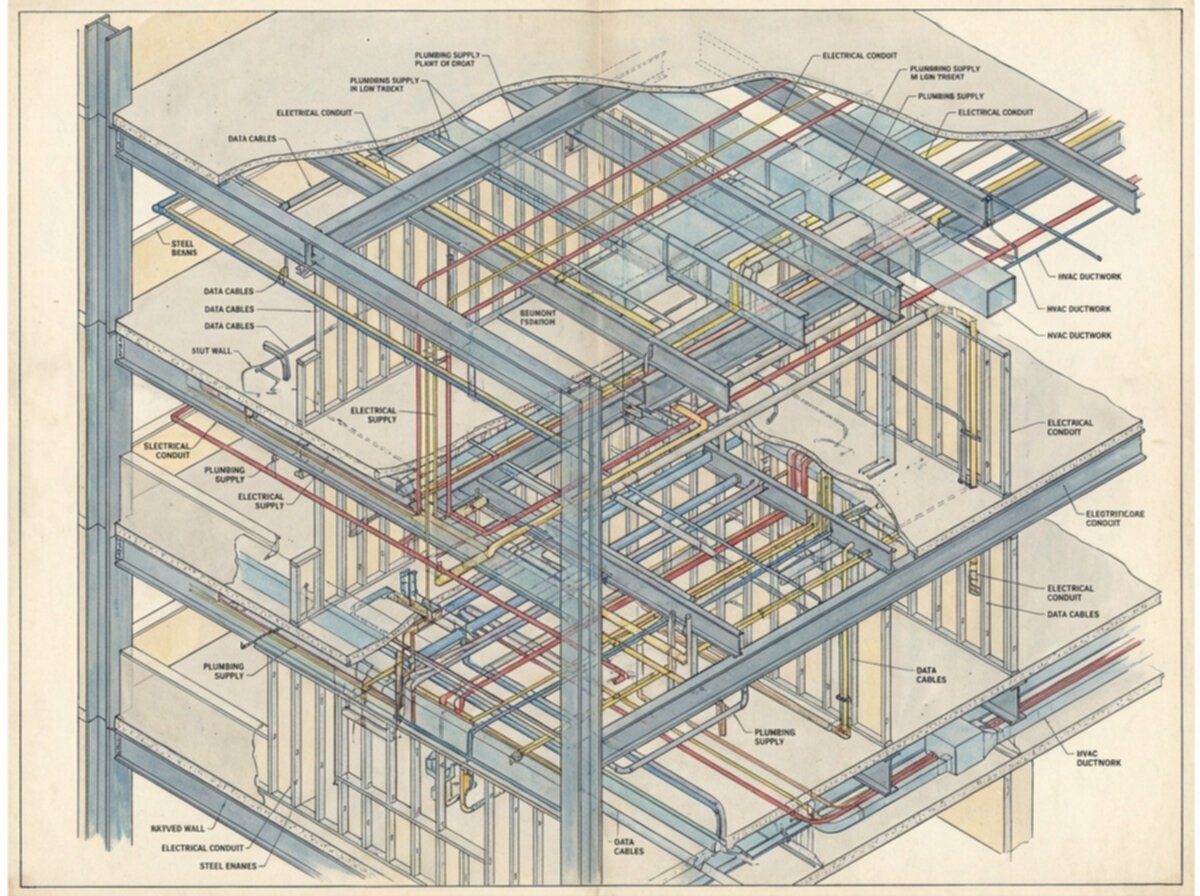 Commercial building infrastructure showing complex embedded utilities requiring GPR assessment