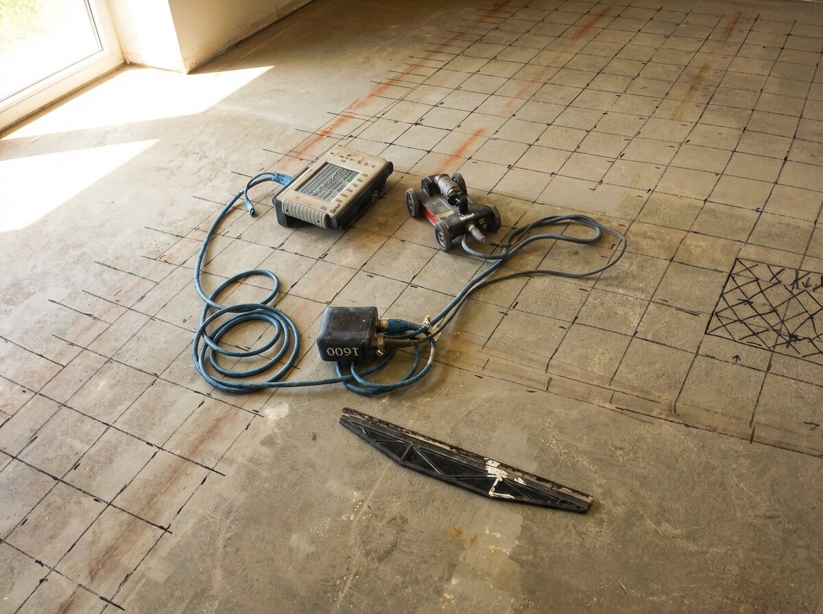 Concrete floor with spray paint markings showing detected rebar patterns and utilities from GPR scan