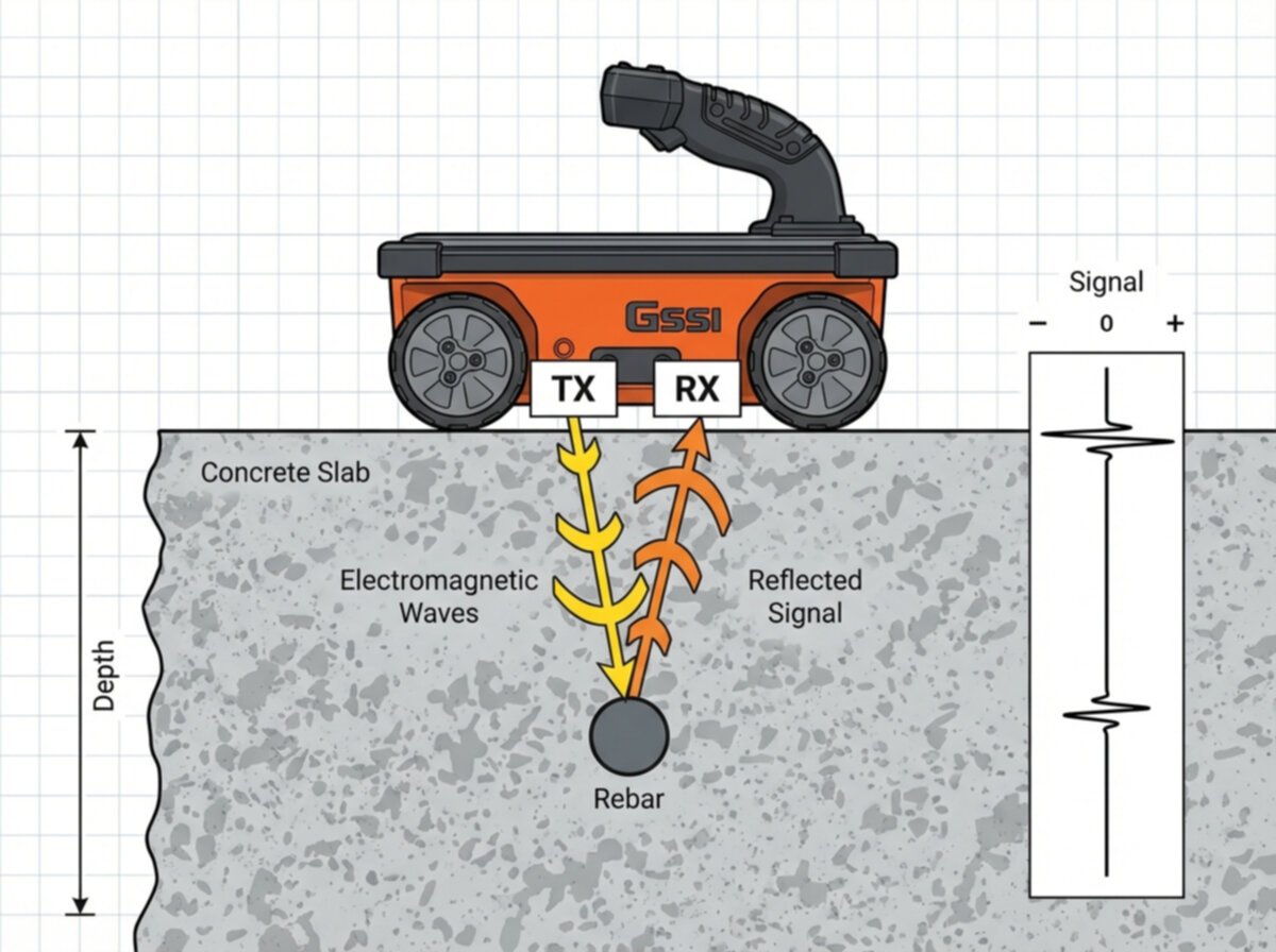 Technical diagram showing GSSI GPR electromagnetic wave propagation through concrete detecting rebar