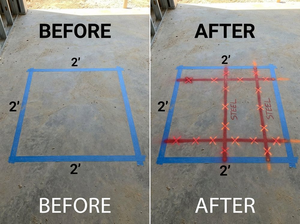 Before and after GPR concrete scanning showing rebar detection and marking