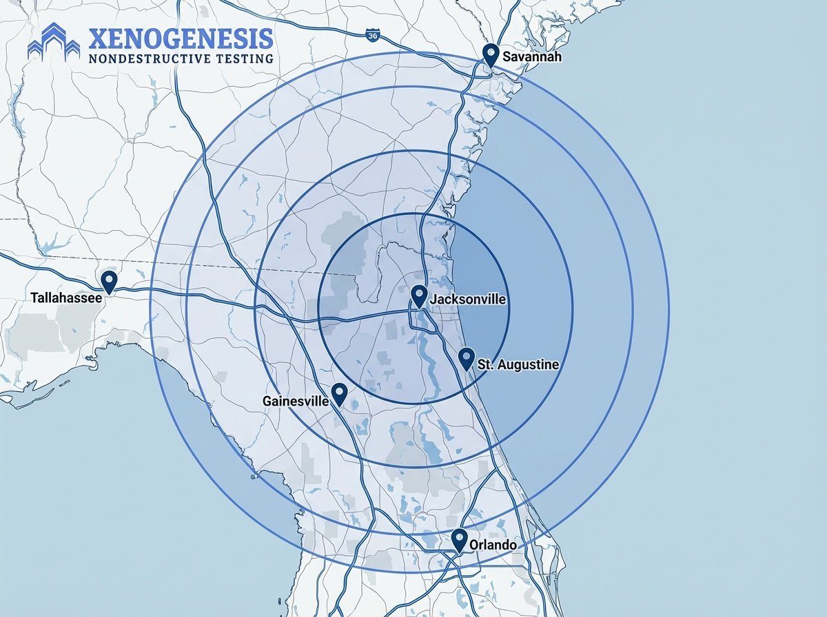Xenogenesis RADAR Imaging service area map showing Jacksonville FL and Northeast Florida coverage with 100 mile radius