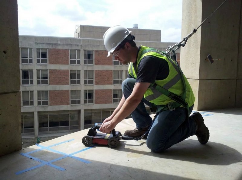 GPR technician scanning concrete floor in commercial building